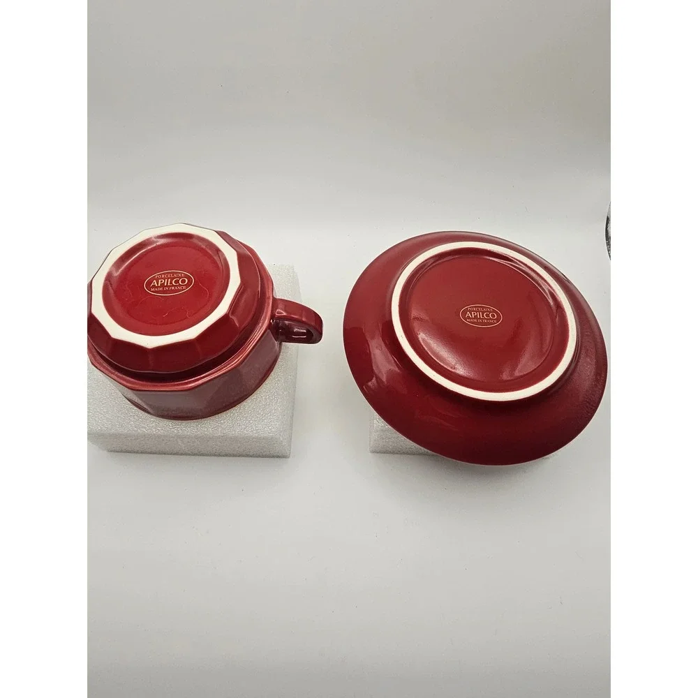 Apilco France Red Porcelain Tea Cup and Saucer Set Gold Gilt Trim Bistro Ware